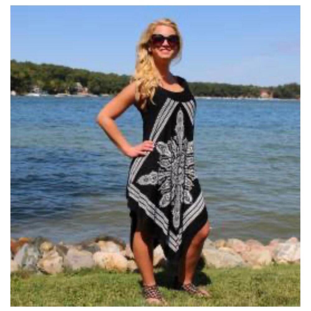 Indigo Section Handkerchief Hem Dress Women One Size Black Mandala Boho Crochet